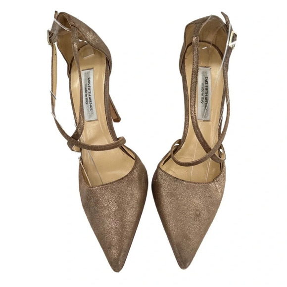Saks Fifth Avenue heels 8.5 nubuck bronze leather pointy toe stilettos metallic - Picture 2 of 14